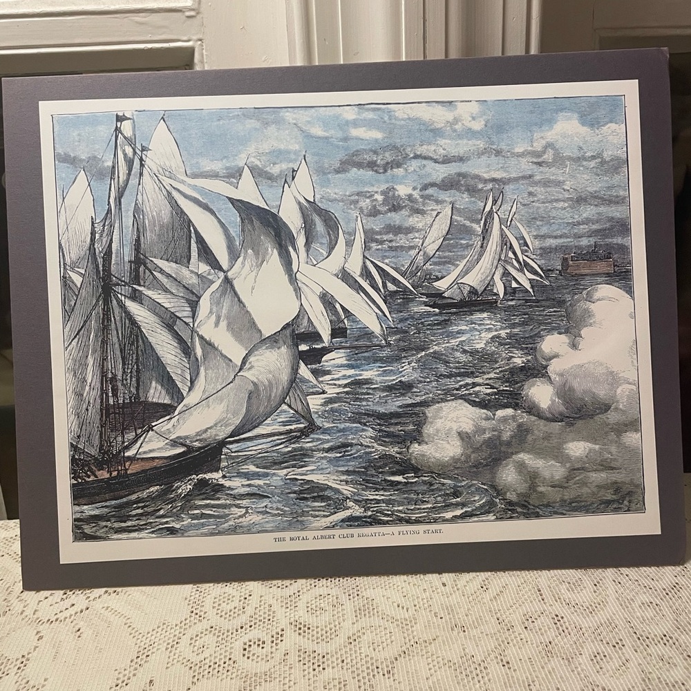 Vintage Hand Colored Etching The Royal Albert Yacht Club A Flying Start 1874